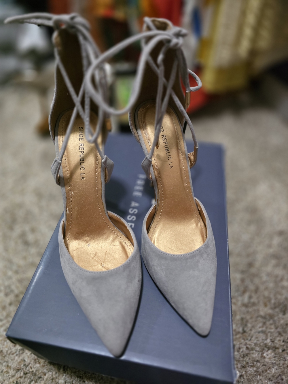 Shoe Republic LA Light Grey Suede Pointed-Toe Lace-Up Heels
